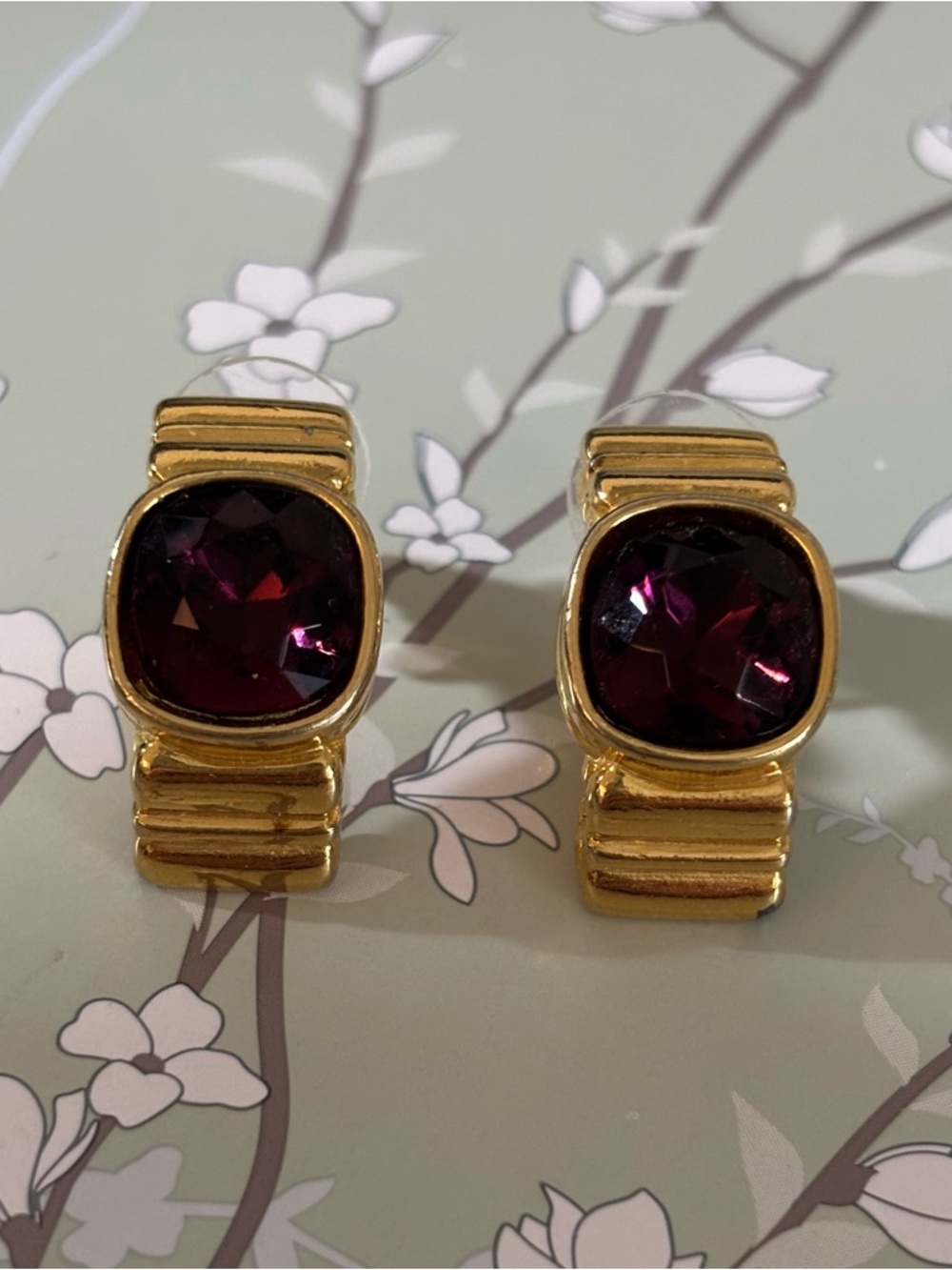 Vintage Givenchy Stamped Gold-Tone Earrings with Deep Purple Accents